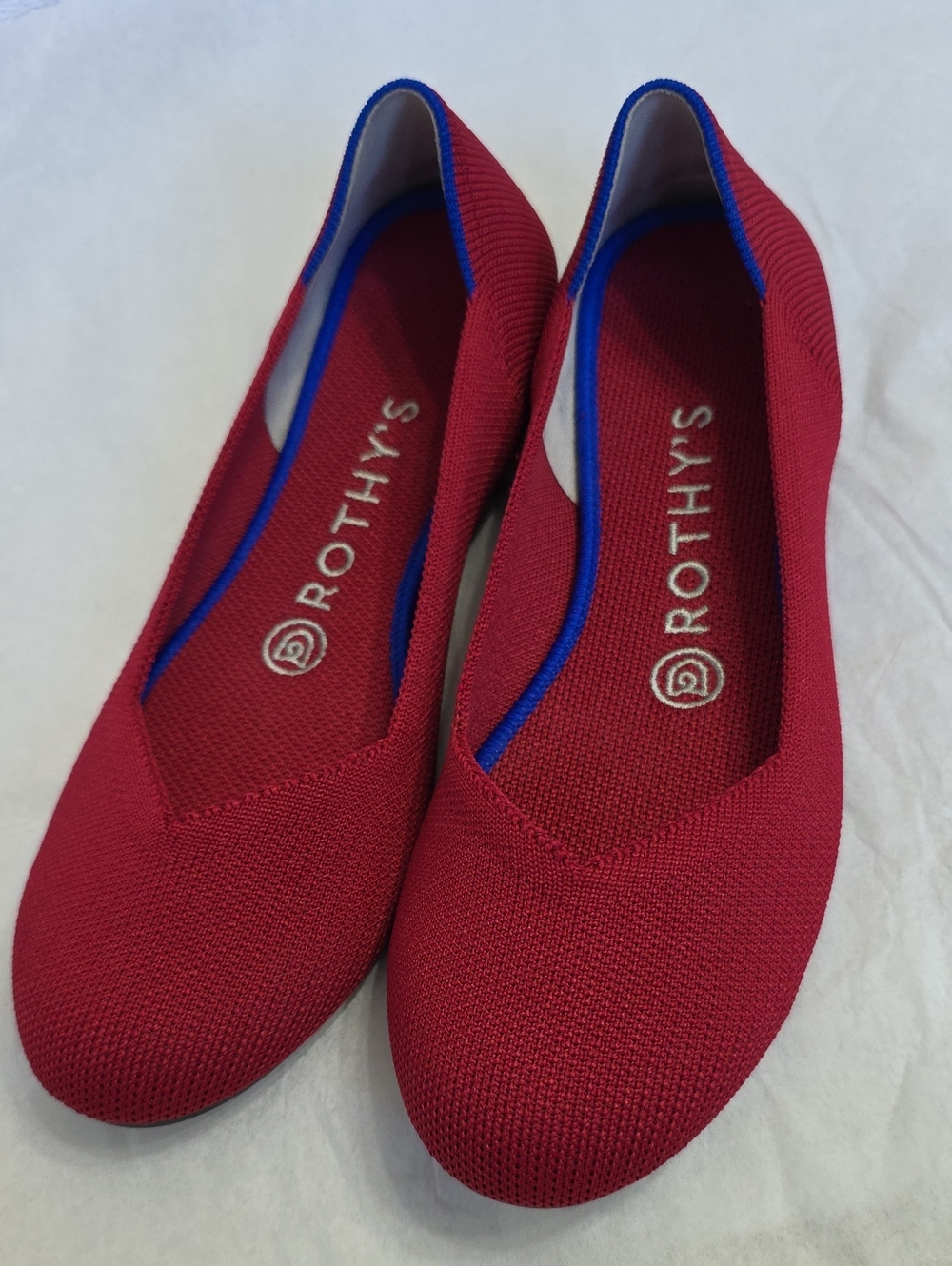 Rothy's Red Knit Ballet Flats with Blue Trim